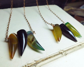 The Halloween Necklace. Black Cat Tail, Green Witch Nose, & Candy Corn Agate talon dagger necklace.  #FestiveEtsyFinds