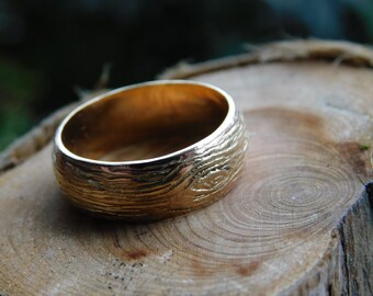 10K Gold Tree Branch Bark Ring 7mm Wide Wedding Band Solid Cast in White Gold, Yellow Gold, Red Gold. Unisex Rustic Woodland Lumberjack