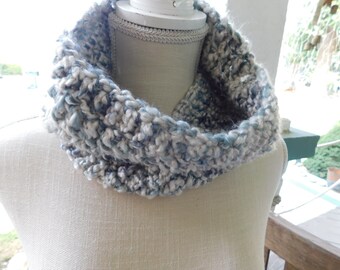 The Moonstone. Boucle Plush Rustic Handmade Crochet boho Gemstone Inspired Neck wrap Cowl Infinity Circle Scarf. Alabaster, Slate Blue, Gray