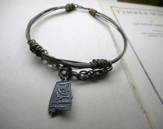 Men's Upcycled Guitar String Bracelet. Men Grunge Jewelry Rockstar Sterling Silver Alabama Charm