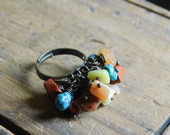 Indian Corn Gemstone Chip Cluster ring. Turquoise, Calcite, Autumn Jasper, Citrine, & Carnelian. Adjustable Tea cocktail Oxidized Brass Ring