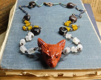 Wolf In Sheep's Clothing- The Wolf of Ansbach | Red Jasper Wolf Head, Moonstone, Garnet, Tourmaline, Sapphire, & Turquoise Gemtsone Necklace
