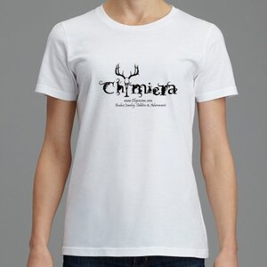 May include: White t-shirt with a black graphic of a deer skull and the text "Chimiera" with the website address "www.Chimiera.com" and the text "Saddle Jewelry, Saddles & Accessories".