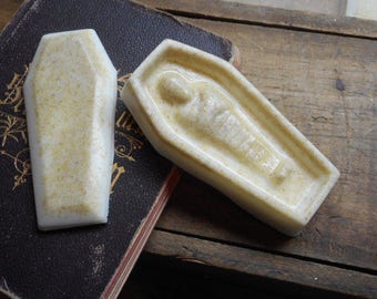 The Birch Lodge Scented Tiny Mummy Caskets. Handmade Vegan Castille Oatmeal Infused Novelty Bath Soap. Handmade Artisan Indie little coffins