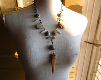 Pemulwuy, Aborignal Warrior Necklace. Carved Bone Spearhead, Turquoise,  Kyanite, Howlite Spikes, Kangaroo Pelt Piece, Ceramic Tribal Beads