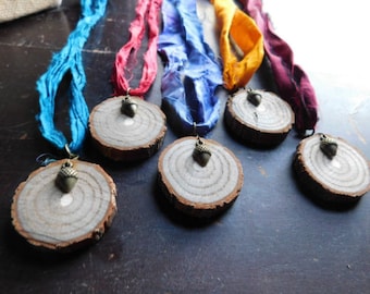 The Enchanted Forest Necklace. Genuine Sassafras Wood Slices, Brass Pine Cone Charms, & Vintage Sari Silk necklace or Boho Wrap Bracelet