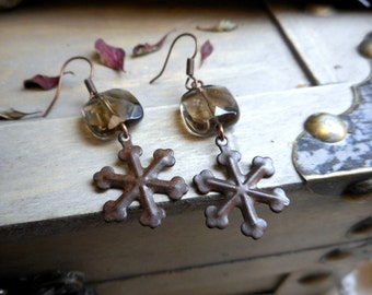 The Snowflakes and Whiskey Earrings. Dark Copper Snowflake medallions smoky Quartz puffed square earrings. ooak  #FestiveEtsyFinds