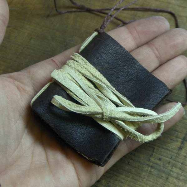 SECRETS. Chocolate leather mini journal buckskin binding burgundy hemp necklace. Valentine gift idea for him or her