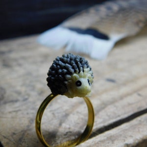 Hedgehog ring. Mini resin hedgehog on gold tone brass adjustable ring. Kawaii. cute. happy. kids ring. FestiveEtsyFinds image 8