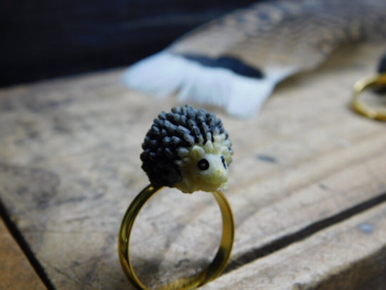 Hedgehog ring. Mini resin hedgehog on gold tone brass adjustable ring. Kawaii. cute. happy. kids ring. FestiveEtsyFinds image 8