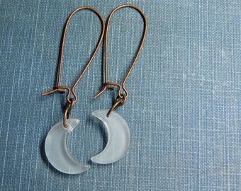 Sickle Moon. Small Frosted White Glass Crescent moons & Antiqued Copper earrings  #FestiveEtsyFinds