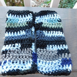 Winter Skies. One of a kind handmade boho chic multi colored crocheted fingerless gloves, arm warmers.  Black, Gray, Navy, Cedar Berry Blue
