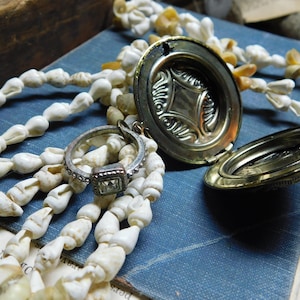 Pirate Queen | Neck Art Assemblage Trinket Necklaces, Real Shell necklace, Locket, Genuine Coin & Freshwater Pearls, Ship Wheel, Old Rings