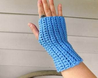 Juniper Lake | Bohochic fingerless gloves. Great for bonfires. cornflower blue crocheted boho chic handmade rustic gloves pair