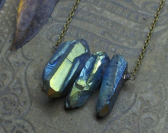 The Absinthe Falls Quartz Crystal Fringe Necklace. Boho Mystic Aurora Green Titanium coated rough quartz crystal fringe necklace