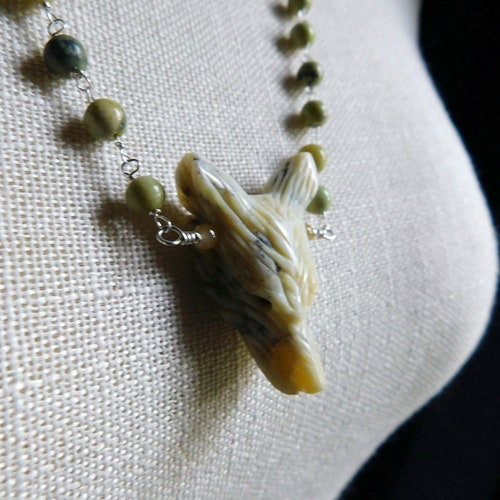 Wolf In Sheep Clothing XXV. Sterling Silver, Carved Yellow Opal Wolf Head Pendant, Black Tourmaline, Serpentine Jade Rosary Necklace Occult shops