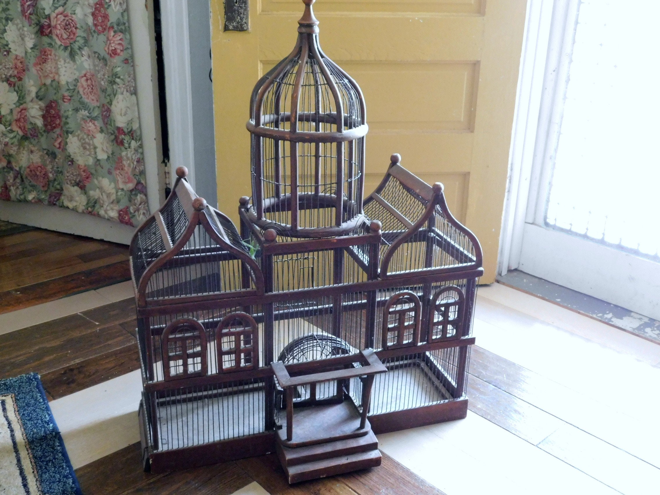 Antique Elegant Victorian Gothic Era Style Wooden Birdcage. French Birdcage.  Empire Dome,triple Bird Cage, Original Ironwork, 2 Doors, Porch -   Canada