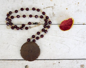 Burnt Flowers Falling. Gothic Noir Antiqued Copper Floral Medallion on Vintage Cranberry Red Lucite Rosary style chain  #FestiveEtsyFinds