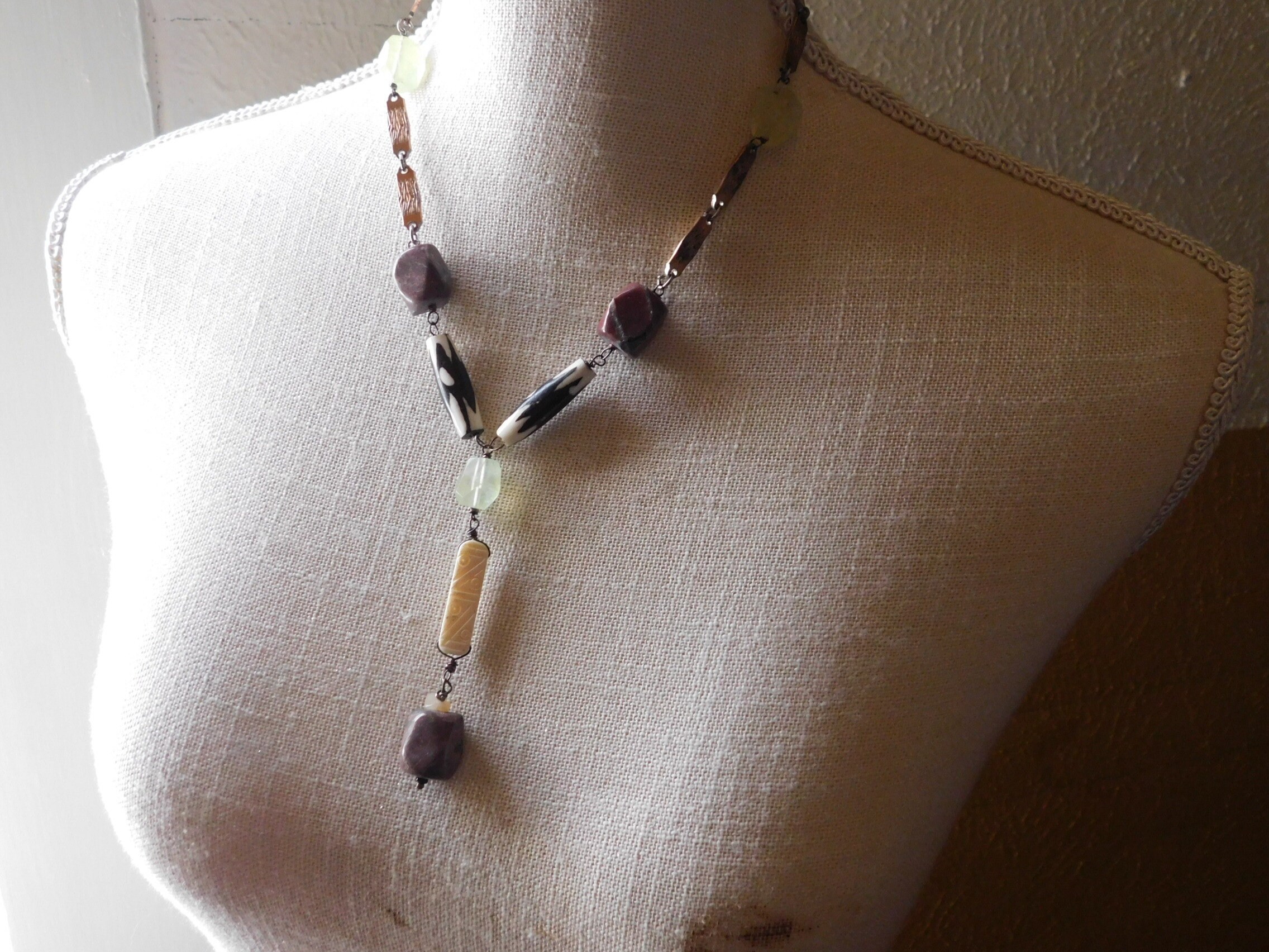 Stonehenge.  Chunky Y necklace. Tribal Tube Bones, Carved Yak bone, Rhodonite, & Prehnite