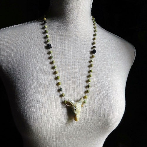 Wolf In Sheep Clothing XXV. Sterling Silver, Carved Yellow Opal Wolf Head Pendant, Black Tourmaline, Serpentine Jade Rosary Necklace Occult shops