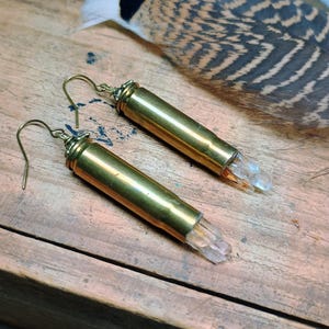 Femme Fatale |  Upcycled Spent Brass Bullet shells & Rough Raw Phantom Quartz Crystals Boho Earrings