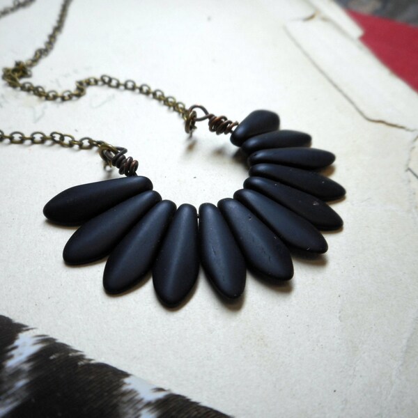 Black Bird. Matte Black Czech Glass Dagger Mini Plumage Tailfeather Goho Gothic necklace  #FestiveEtsyFinds