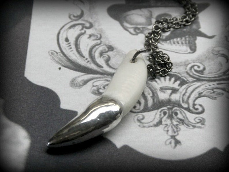 May include: A silver pendant necklace featuring a white tooth-shaped charm. The pendant is hanging from a silver chain.