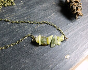 The Meadow Wind Prehnite Necklace.  Rustic green Prehnite and Brass simple necklace. Gift for her