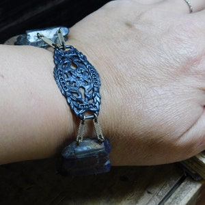 The Hela Bracelet. ROugh Raw Cobalt Blue titanium coated quartz , Gothic Black filigree center, and Glass beads one of a kind bracelet cuff image 5