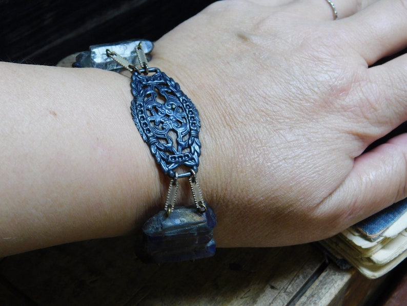 The Hela Bracelet. ROugh Raw Cobalt Blue titanium coated quartz , Gothic Black filigree center, and Glass beads one of a kind bracelet cuff image 5