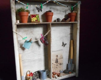 Rustic Primitive Farm Scene Curio Old Wooden Drawer Box real mini pumpkins moss doll house miniatures topiary wagon wheel Cottage Home Decor