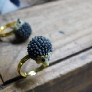 Hedgehog ring. Mini resin hedgehog on gold tone brass adjustable ring. Kawaii. cute. happy. kids ring. FestiveEtsyFinds image 4