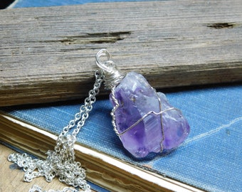 The Of Purple Skies Amethyst Necklace . Rough Raw Amethyst Amulet Necklace. Simple Rustic Handmade Talisman. Silver  chain