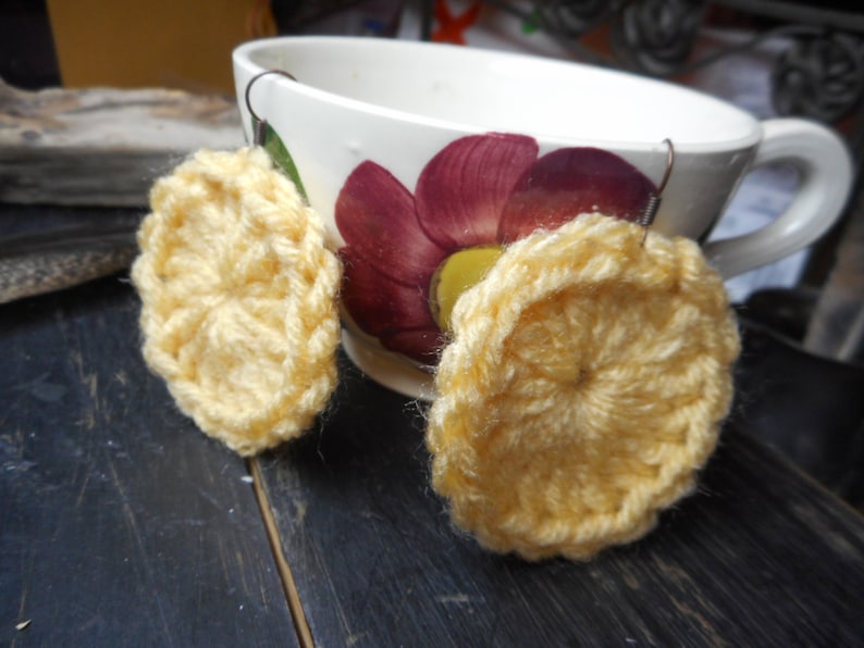 LEMON Slices. Handmade Crochet lemon yellow yarn sundial concho earrings. Handmade Gift for her. FestiveEtsyFinds image 1