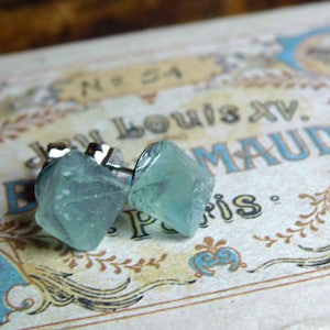 Shot of Absinthe. Rustic Rough Fluorite Octahedron and Surgical Steel post earrings . Mint Celery Green Roughstones  #FestiveEtsyFinds