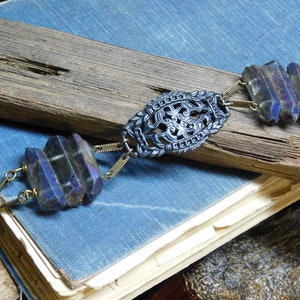 The Hela Bracelet. ROugh Raw Cobalt Blue titanium coated quartz , Gothic Black filigree center, and Glass beads one of a kind bracelet cuff image 1
