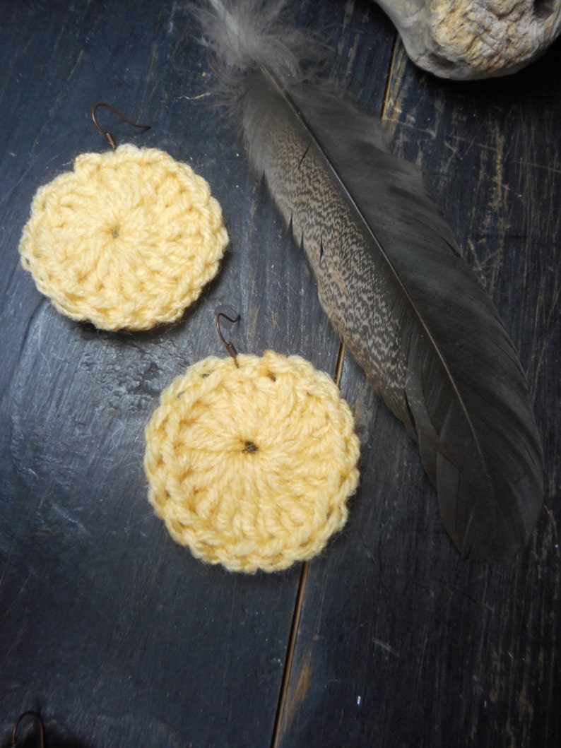 LEMON Slices. Handmade Crochet lemon yellow yarn sundial concho earrings. Handmade Gift for her. FestiveEtsyFinds image 5