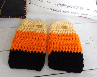 Candy Corn FIngerless Gloves, Wrist warmers, arm warmers. Handmade crochet  yellow, orange, black mittens. Rustic Fall accessories. autumn