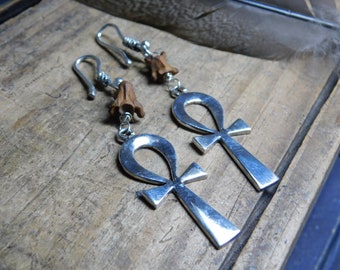 Nile Queen. Snake Vertebra and Solid sterling silver Egyptian Ankh cross earrings. gauge hooks  #FestiveEtsyFinds