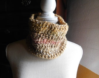 The Opals Scarf. Boucle Plush Rustic Handmade crochet bohochic Gemstone Inspired Neck wrap Cowl, Infinity Scarf. Ocre, Pink,. Brown, Cream