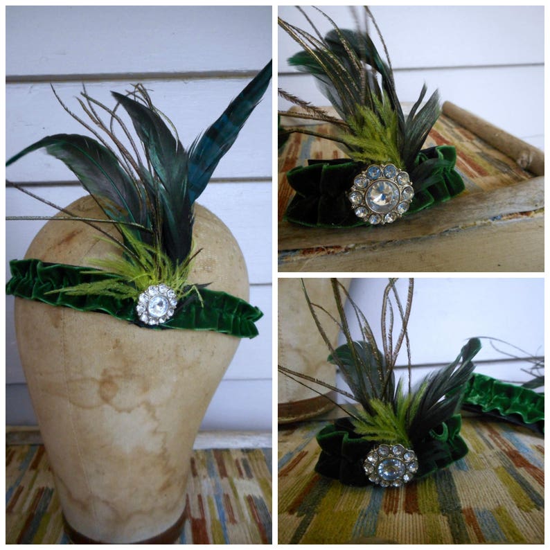 osfa Forest green Velvet Lime Ostrich /& Emerald Green Rooster Feathers The Lady Olwen Fascinator Flapper wrist cuff Rhinestone Button