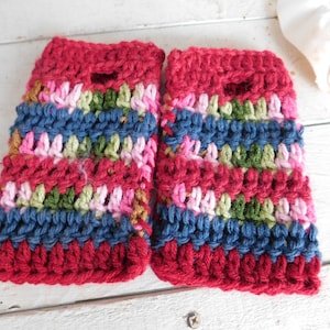 Juniper & Holly Berries Fingerless gloves. Crocheted Bohochic Holiday Festive Cranberry, Juniper blue, Pink, Christmas tree green SZ ML ooak