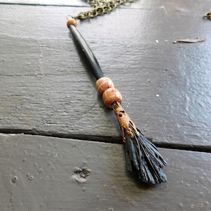 The Meadow Witch. Choice of Necklace. Kyanite Besom Pagan Necklace with genuine pipe bone broom handle, & hand painted wood beads Broomstick