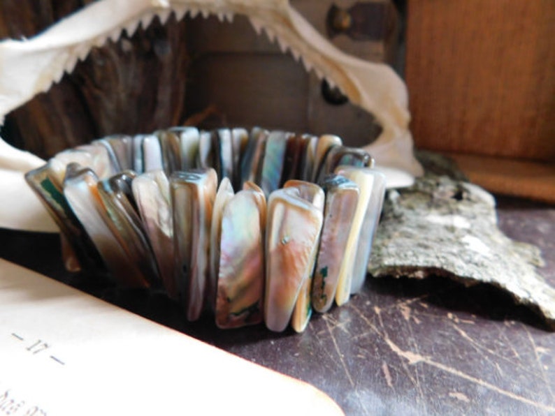 Calypso. Mother of Pearl Abalone Spikes Stretch Cuff Bracelet . Iridescent Shell tooth beaded boho ooak sage green jewelry image 4