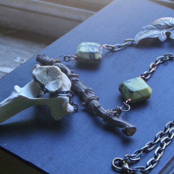 Free US and Canada shipping . Ehlonna, Goddess Of Forest Fauna. Deer  Bone Vertebrae, branch and gemstone necklace . OOAK