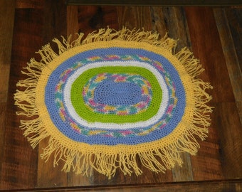 Sunny Day Cotton Rug. Oval fringe boho 100 % pure cotton handmade cochet bath mat, rug, poolside rug, door mat, doggie rug, childrens rug