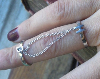 INITIALS SLAVE RINGS - Sterling Silver Initials Double Bands Connected with chain 1 or 2 finger. Made to Order Handmade by Chymiera