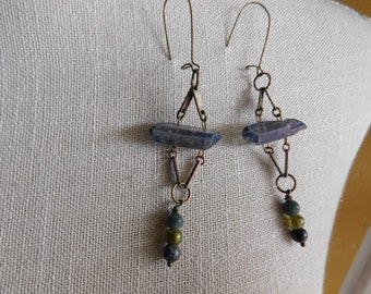 The Hela Earrings Rough Raw Cobalt Blue Titanium coated Quartz,  & Glass Bead Trapeze earrings. One of  a kind earrings. Boho Modern Chic