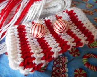 The Peppermint Candy Cane Red and White Striped Crochet Fringe Scarf & Matching fingerless gloves set. Handmade Hand Crocheted Bohemian