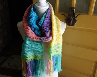 Aura Light | Long Deluxe Handmade Crochet Boho Stripe Fringe Soft Scarf. Lavender Orchid Teal Turquoise Green Lemon Tangerine Coral Rose